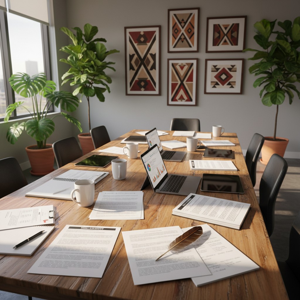 An image of a well-lit, likely modern office boardroom or conference room. The room features a wooden conference table wit...