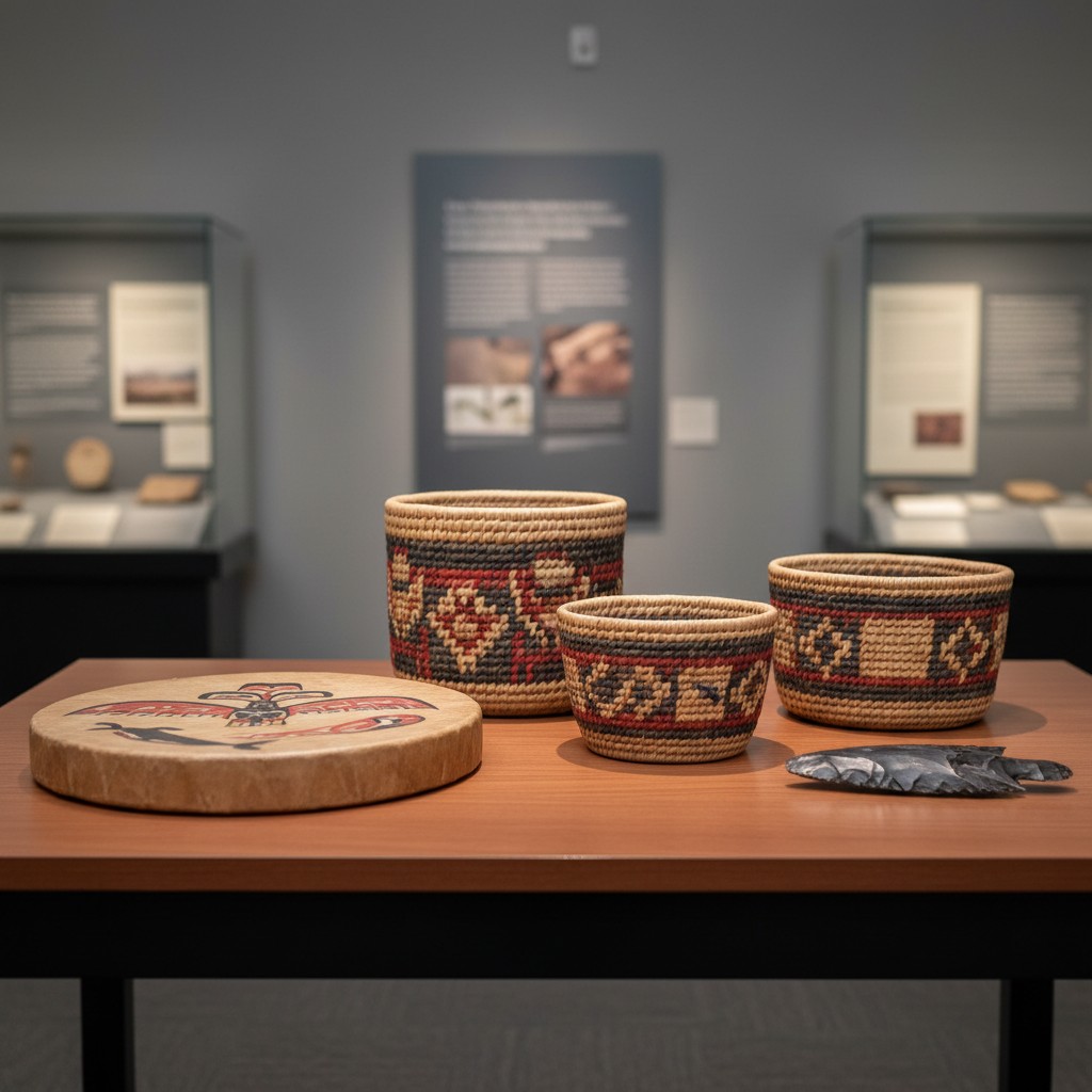 Basketry and Native American Artifacts on Display in a Museum.