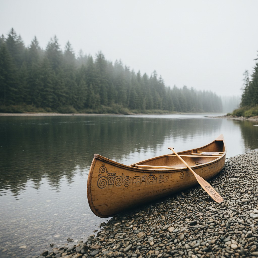 A canoe sits on a pebbly riverbank, its light brown frame demarcated by tribal art, with a natural wooden paddle leaning a...